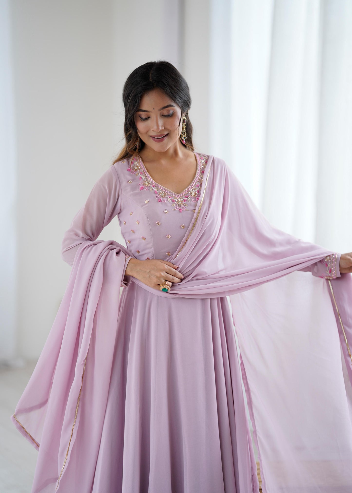 New Party Wear Look – Pastel Purple Fox Georgette Gown Set.