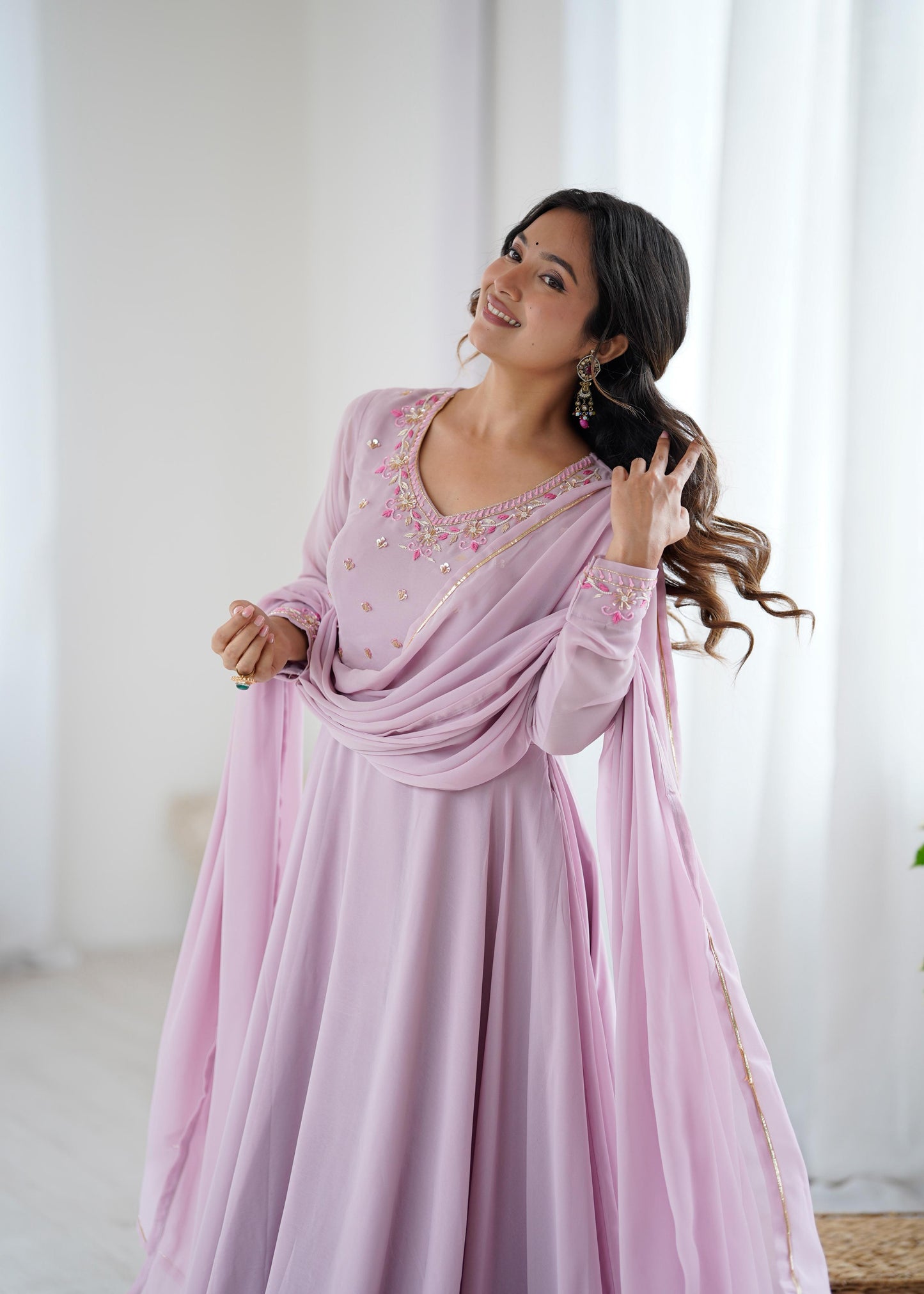 New Party Wear Look – Pastel Purple Fox Georgette Gown Set.
