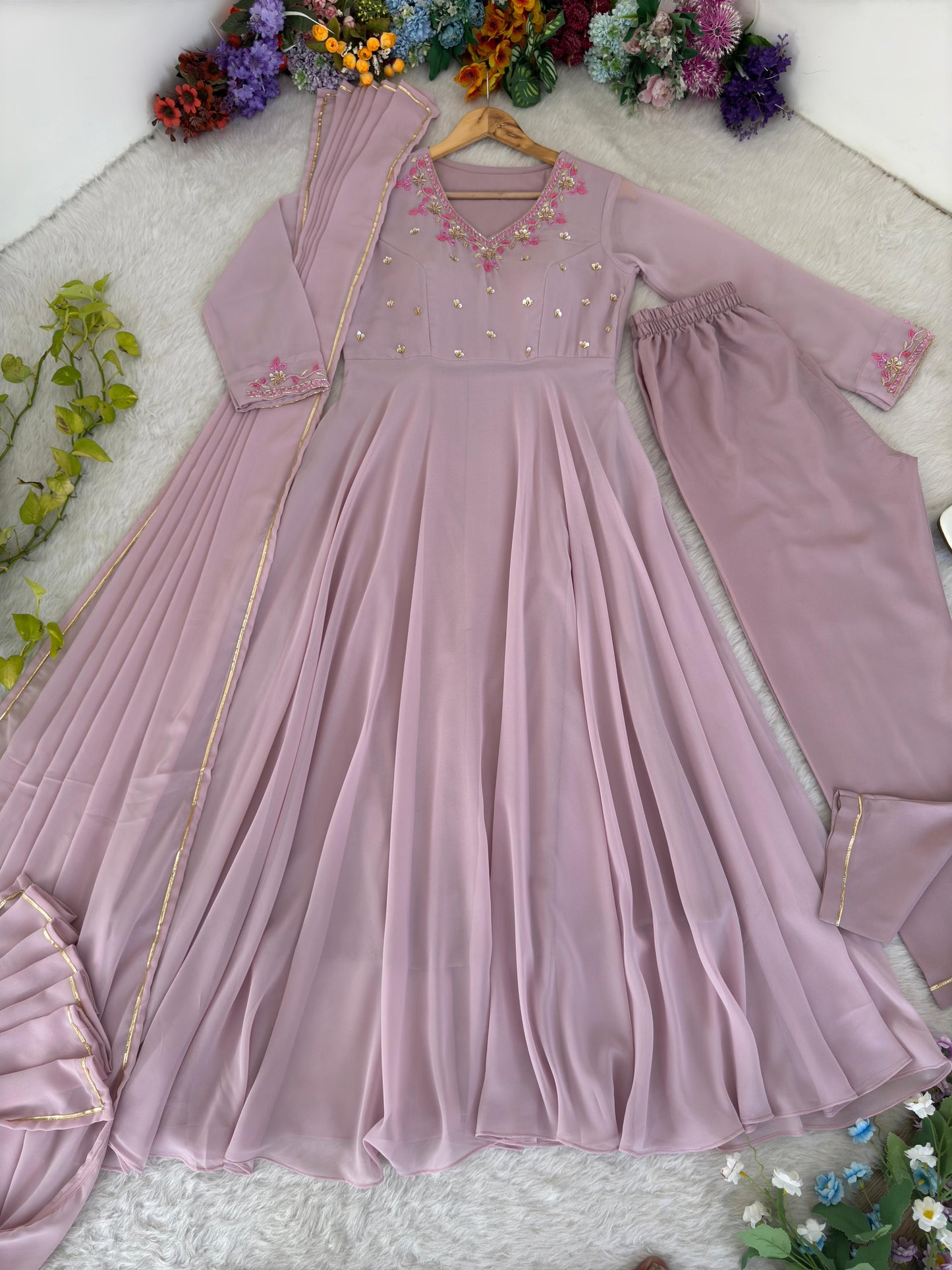 New Party Wear Look – Pastel Purple Fox Georgette Gown Set.
