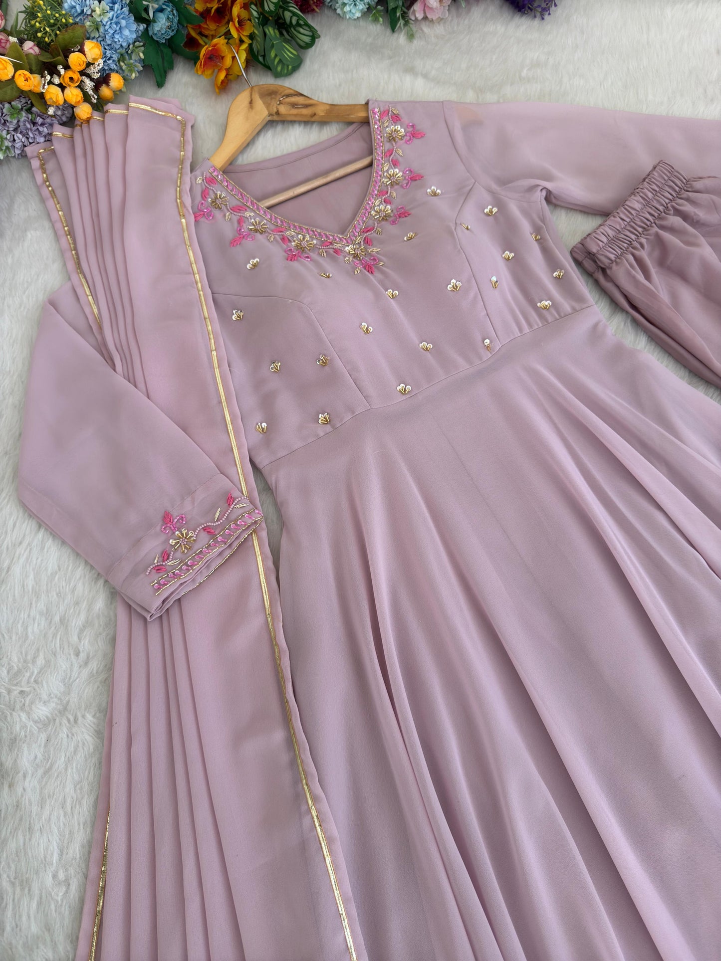 New Party Wear Look – Pastel Purple Fox Georgette Gown Set.