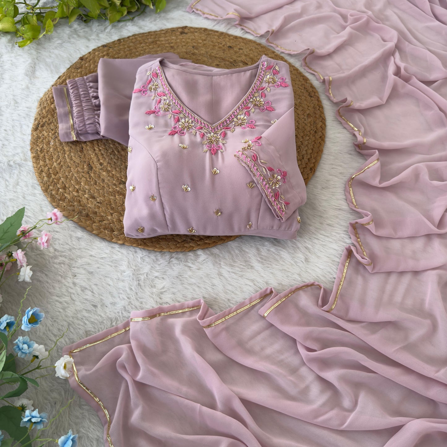 New Party Wear Look – Pastel Purple Fox Georgette Gown Set.