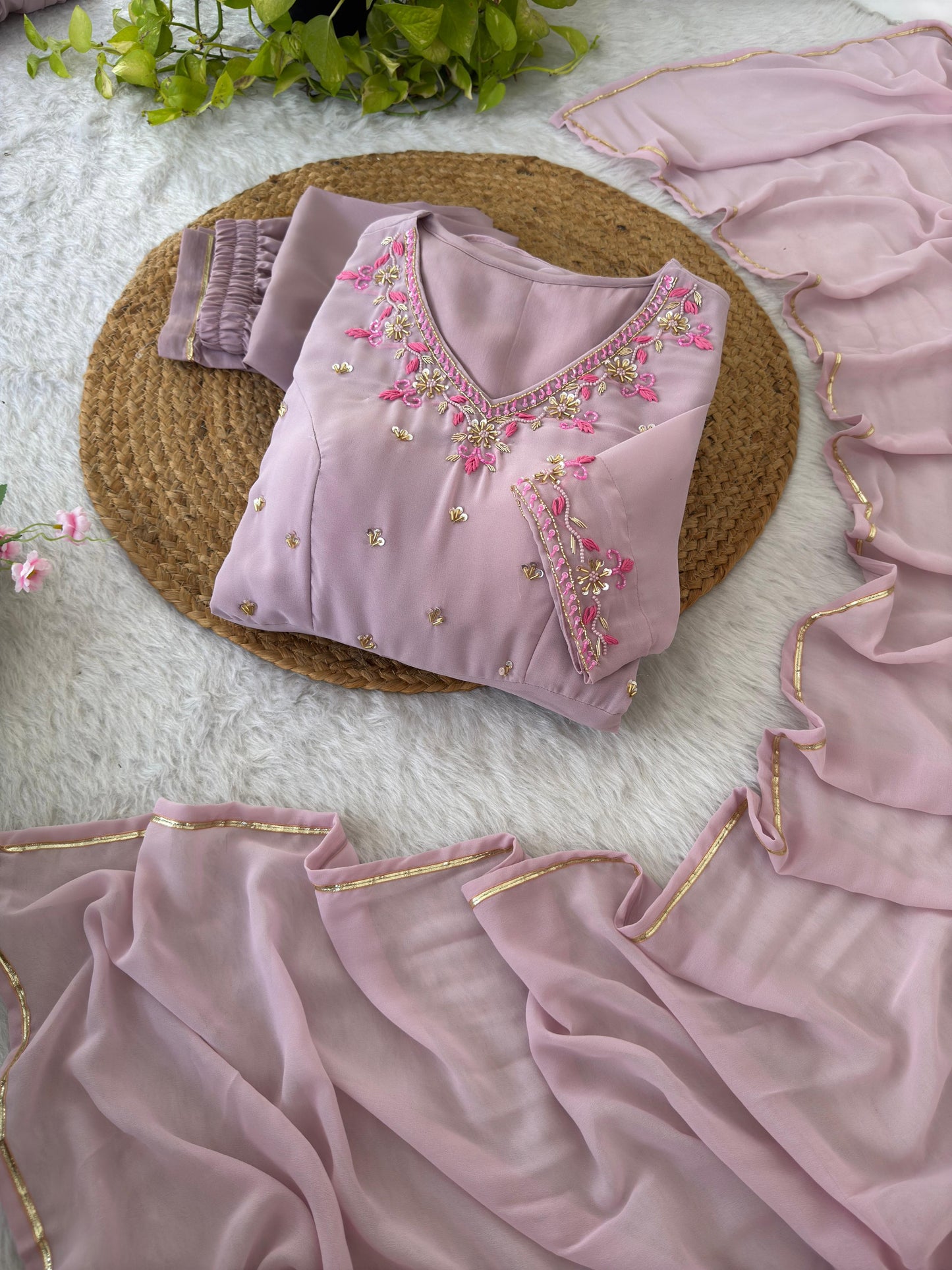 New Party Wear Look – Pastel Purple Fox Georgette Gown Set.