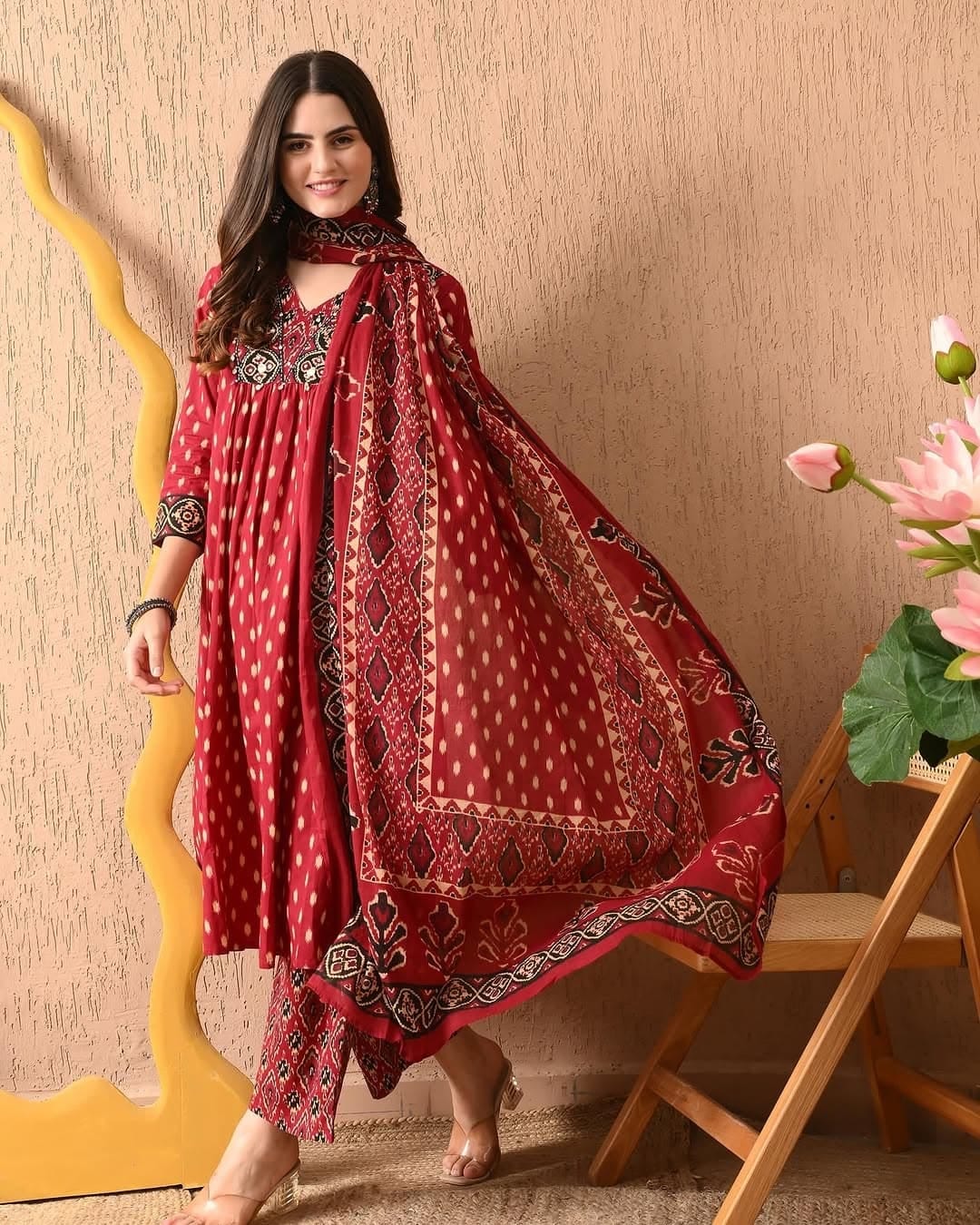 Red A-Line Cotton Kurti Set with Dupatta.