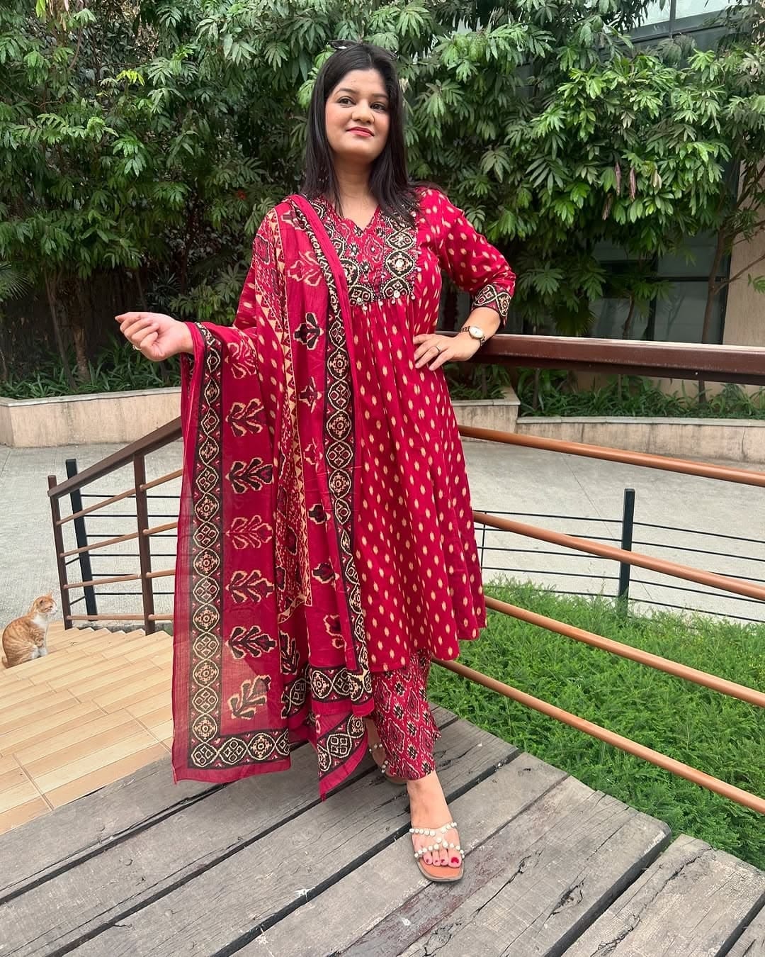 Red A-Line Cotton Kurti Set with Dupatta.