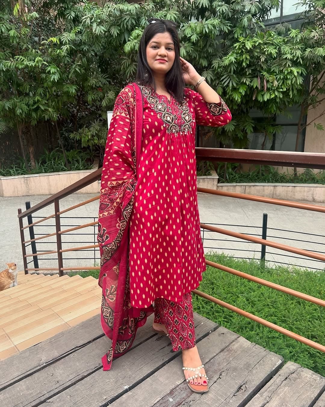 Red A-Line Cotton Kurti Set with Dupatta.