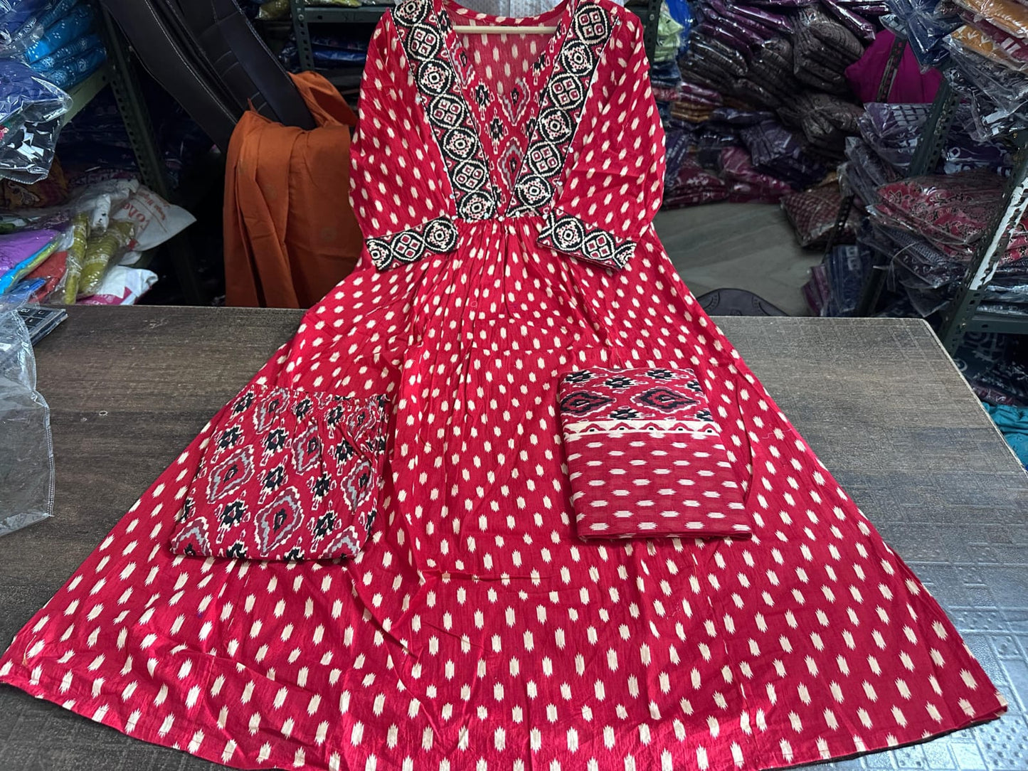 Red A-Line Cotton Kurti Set with Dupatta.