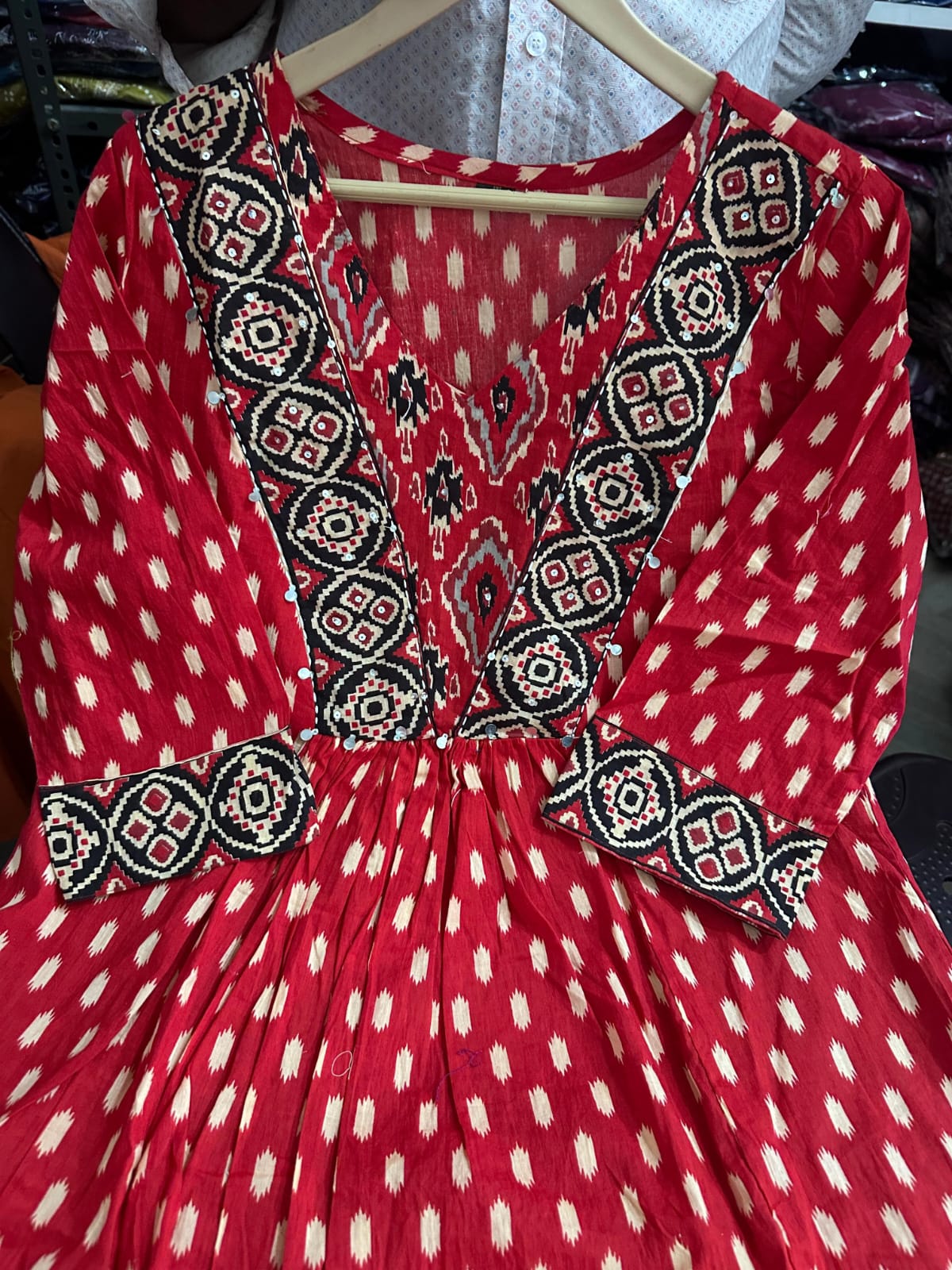 Red A-Line Cotton Kurti Set with Dupatta.