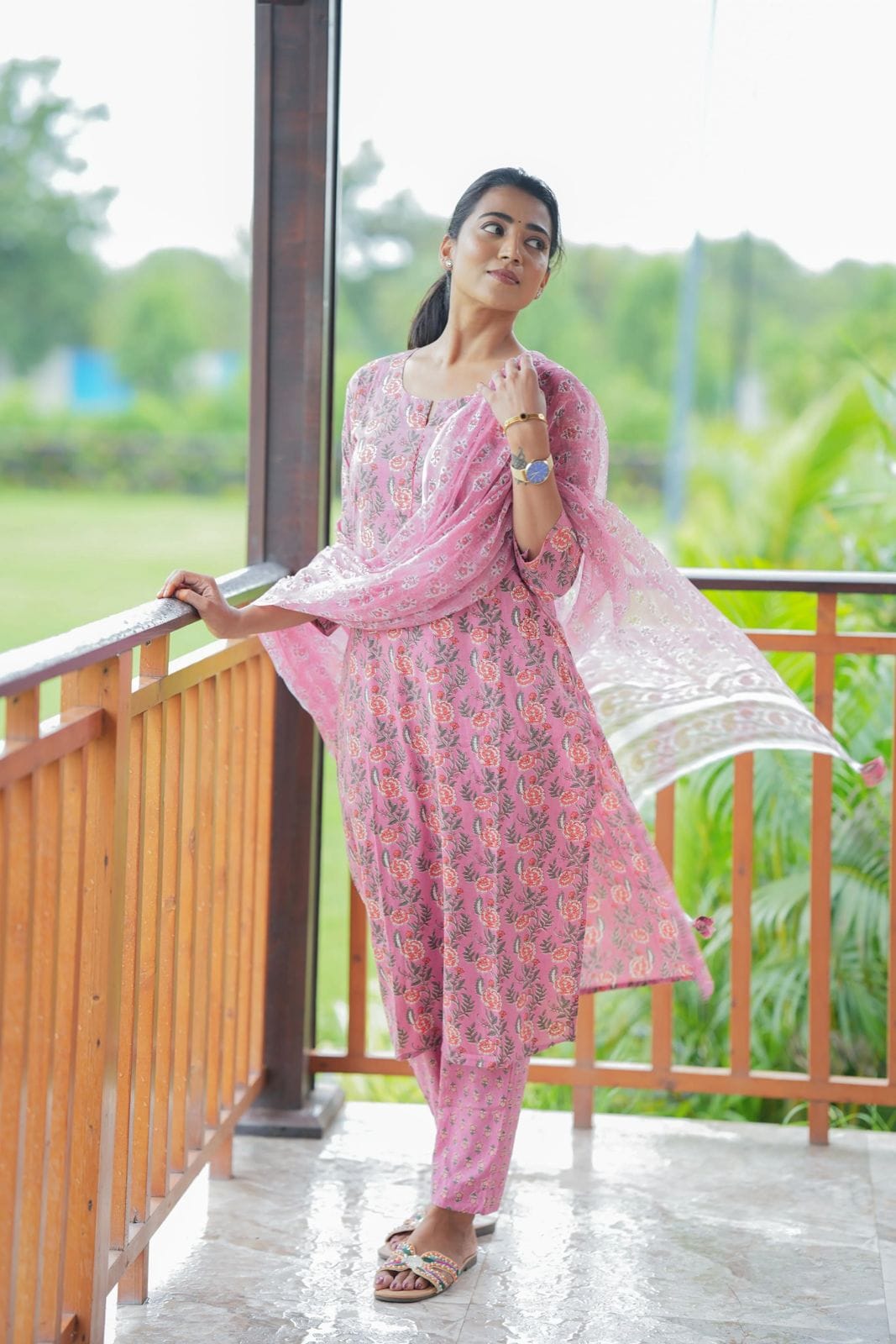 Pink Straight-Cut Cotton Kurti Set with Dupatta.
