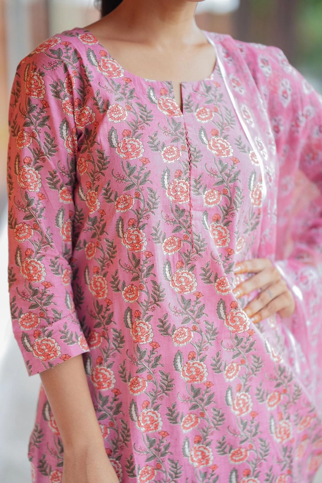 Pink Straight-Cut Cotton Kurti Set with Dupatta.