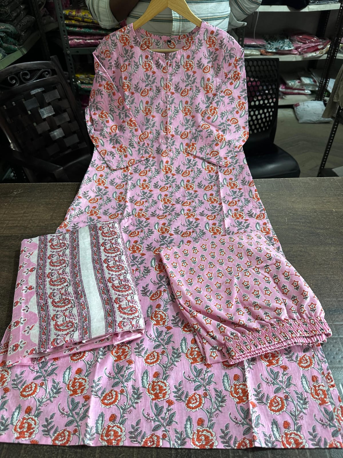 Pink Straight-Cut Cotton Kurti Set with Dupatta.