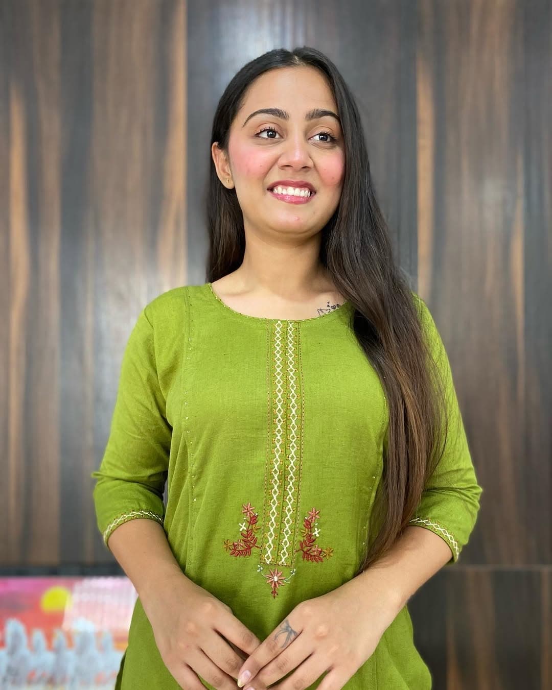 Green Straight-Cut Cotton Kurti & Pant Set.