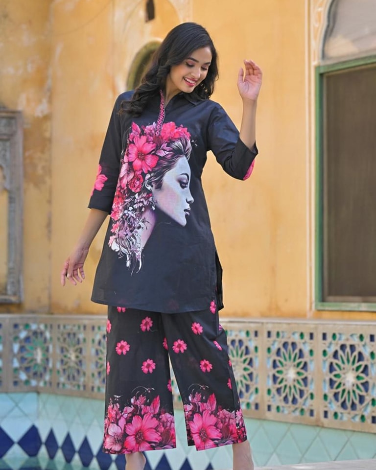 Digital Printed Art Work Muslin Silk Co-Ord Set