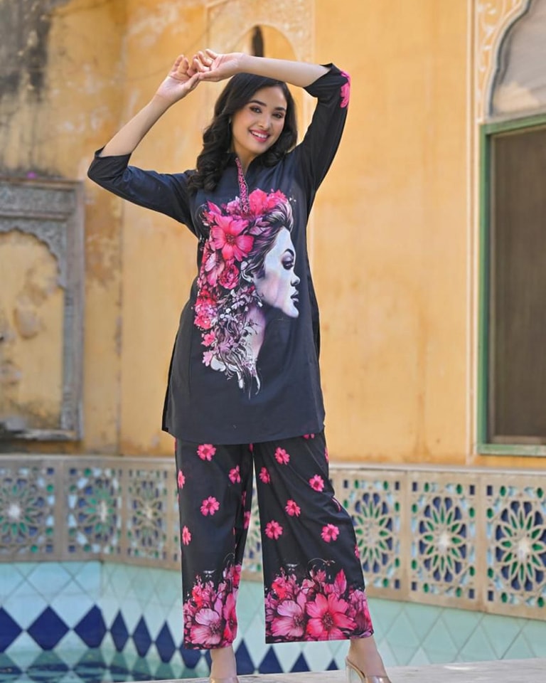 Digital Printed Art Work Muslin Silk Co-Ord Set