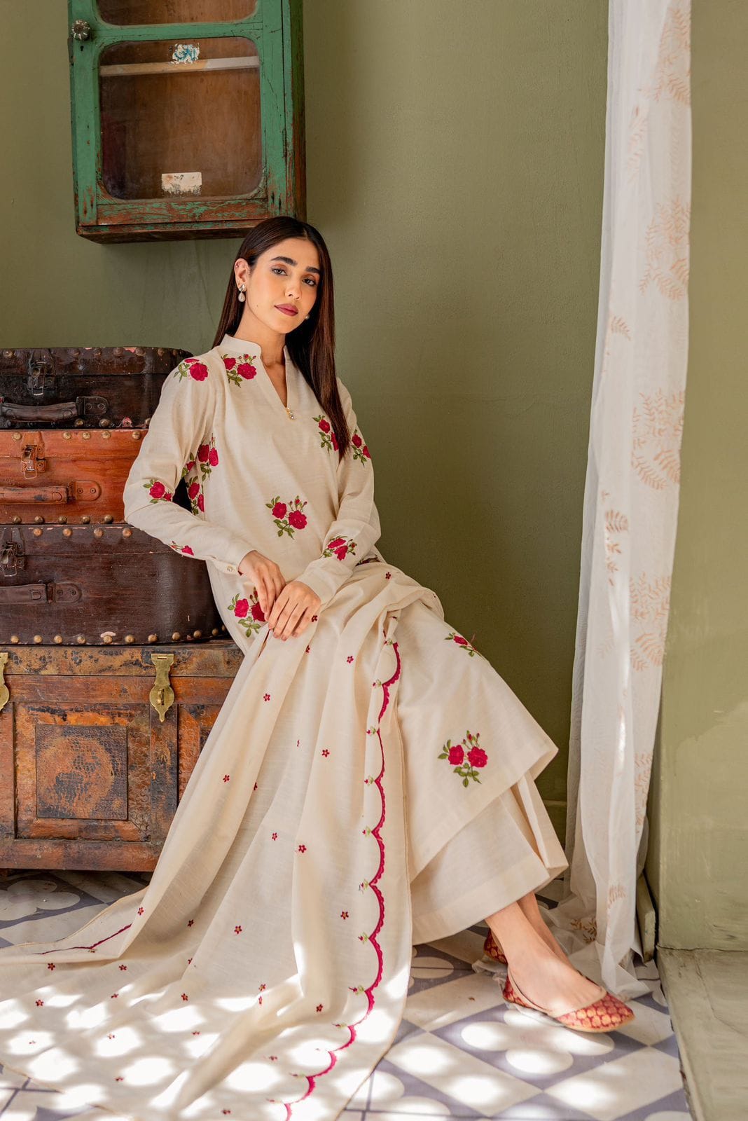 Soft Cream Printed Kurti Set with Matching Dupatta.