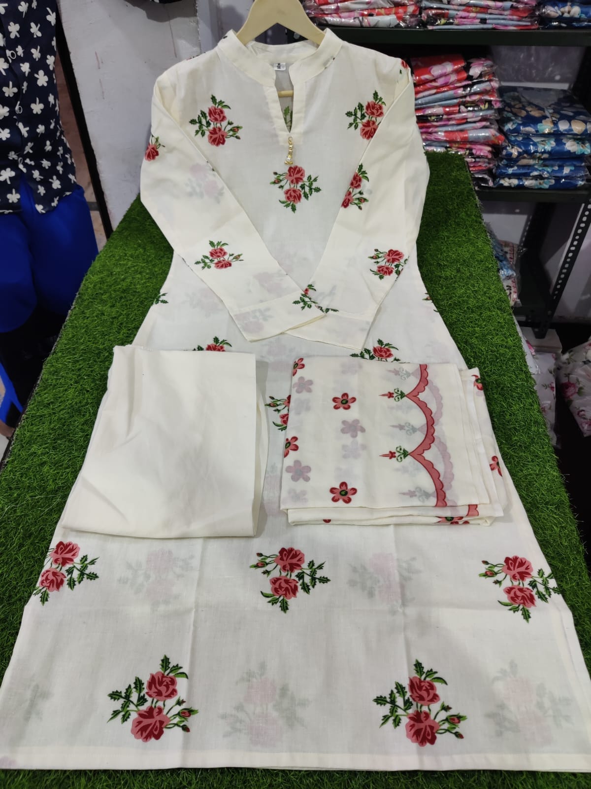 Soft Cream Printed Kurti Set with Matching Dupatta.