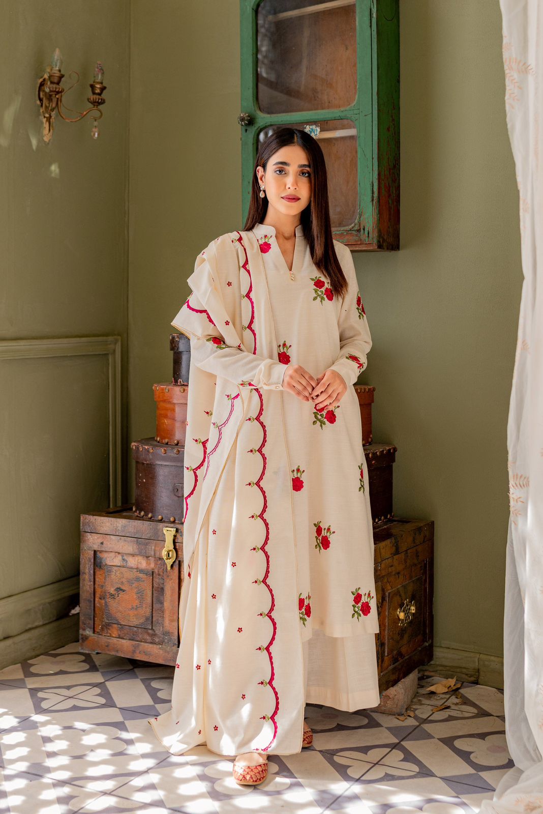 Soft Cream Printed Kurti Set with Matching Dupatta.
