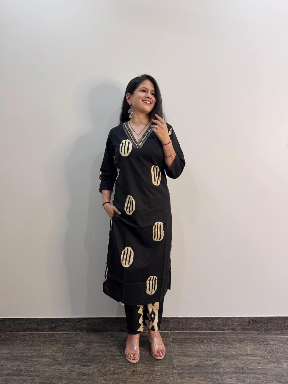 Hand-Block Printed Cotton Kurti Set with Embroidered Neckline & Coordinated Dupatta.