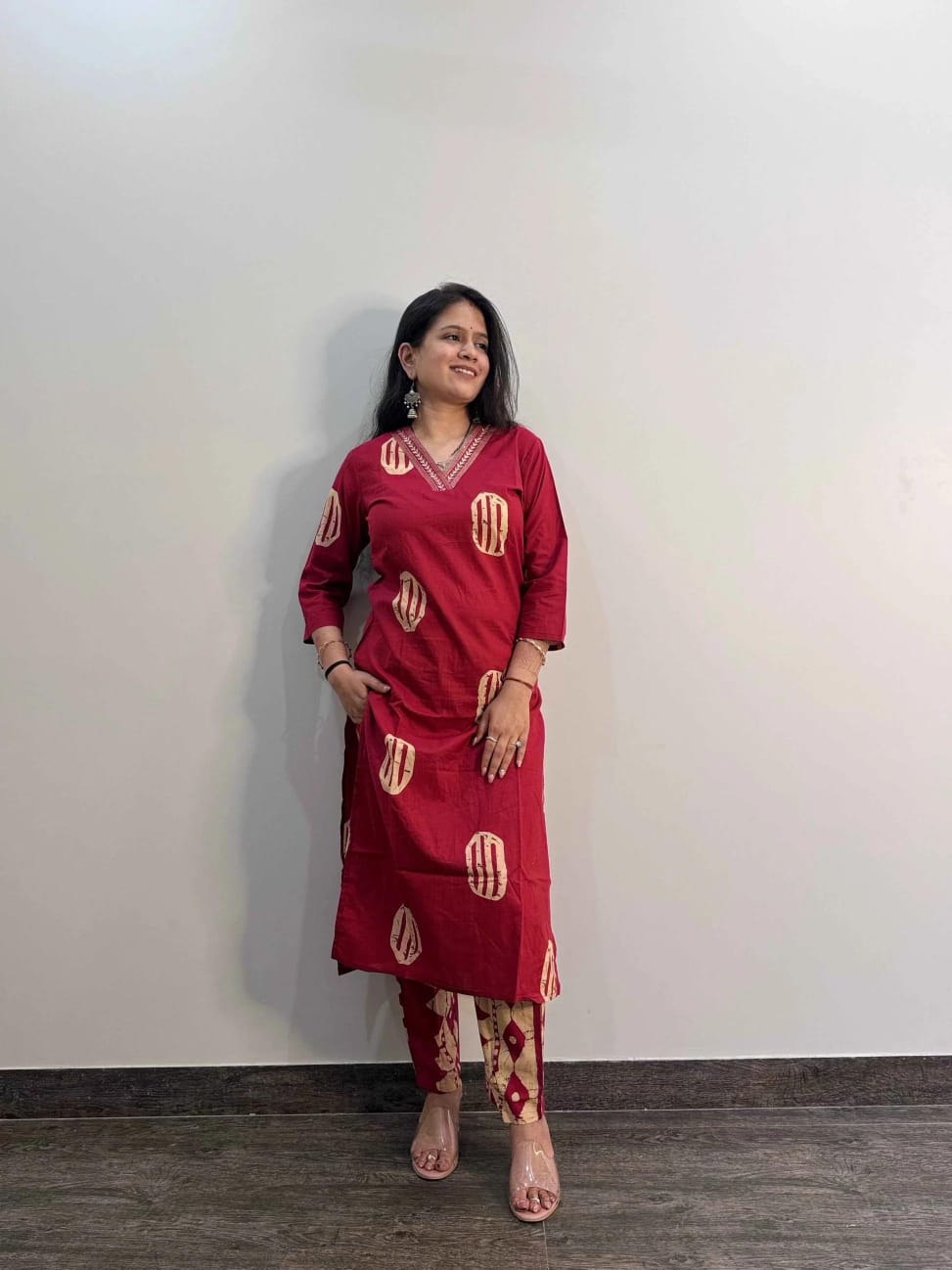 Hand-Block Printed Cotton Kurti Set with Embroidered Neckline & Coordinated Dupatta.