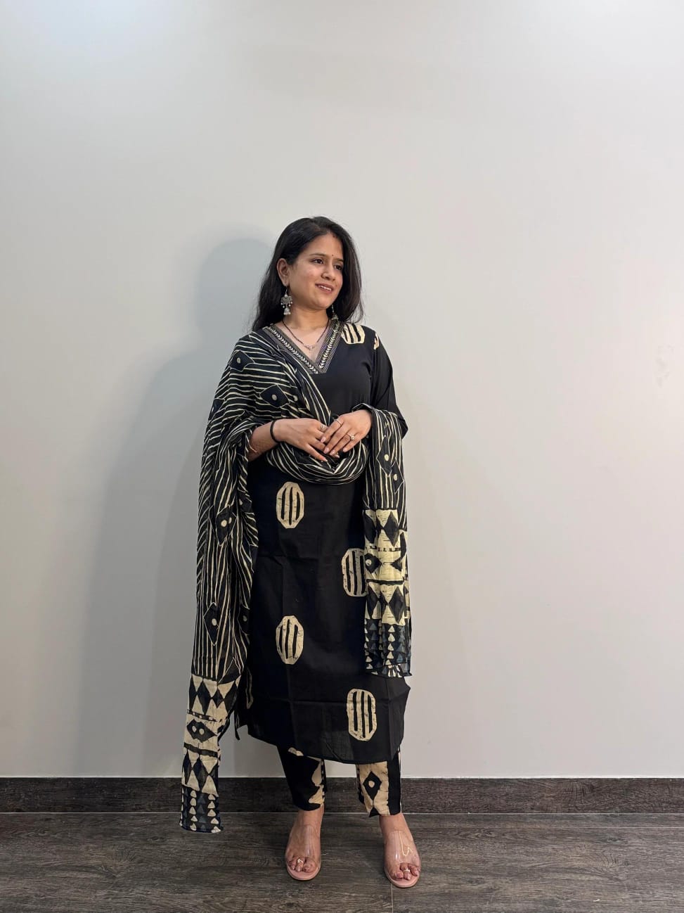 Hand-Block Printed Cotton Kurti Set with Embroidered Neckline & Coordinated Dupatta.