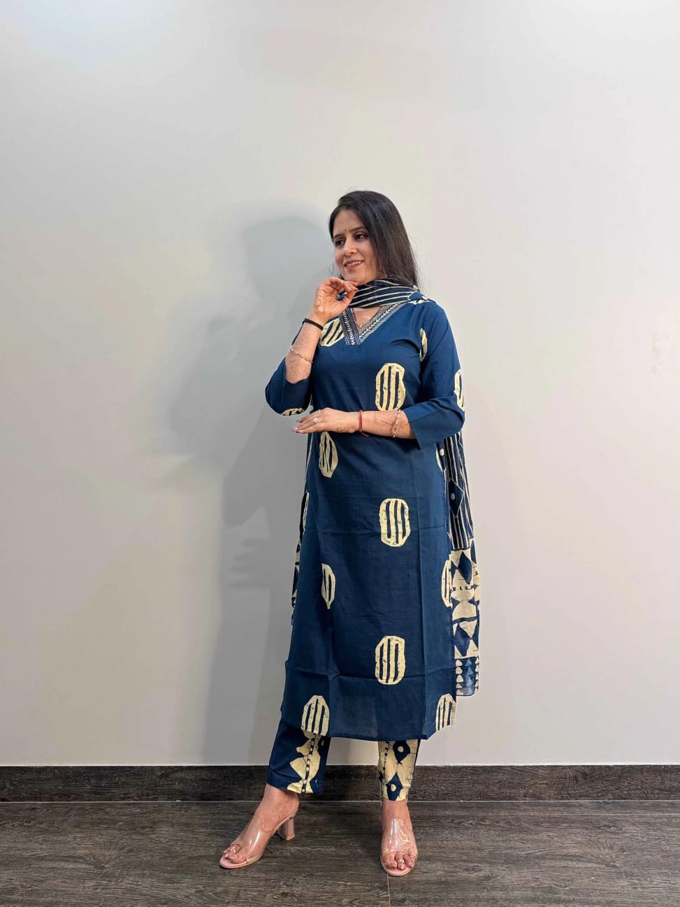 Hand-Block Printed Cotton Kurti Set with Embroidered Neckline & Coordinated Dupatta.