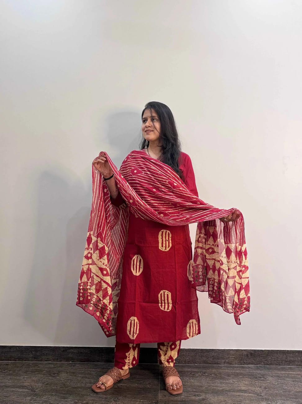 Hand-Block Printed Cotton Kurti Set with Embroidered Neckline & Coordinated Dupatta.