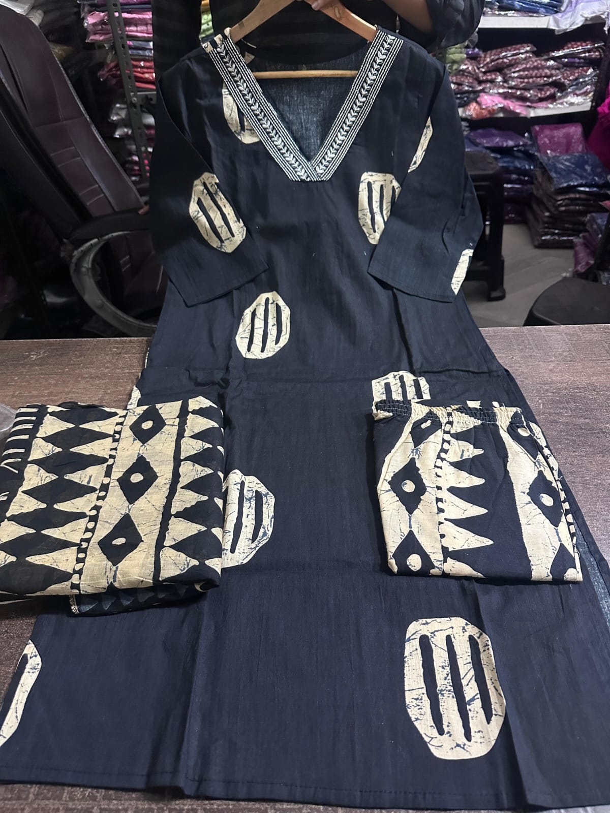 Hand-Block Printed Cotton Kurti Set with Embroidered Neckline & Coordinated Dupatta.