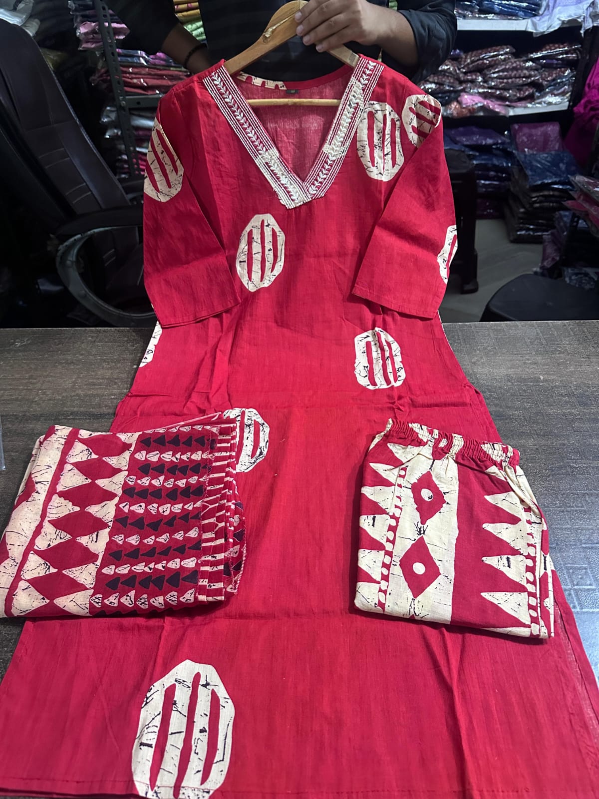 Hand-Block Printed Cotton Kurti Set with Embroidered Neckline & Coordinated Dupatta.