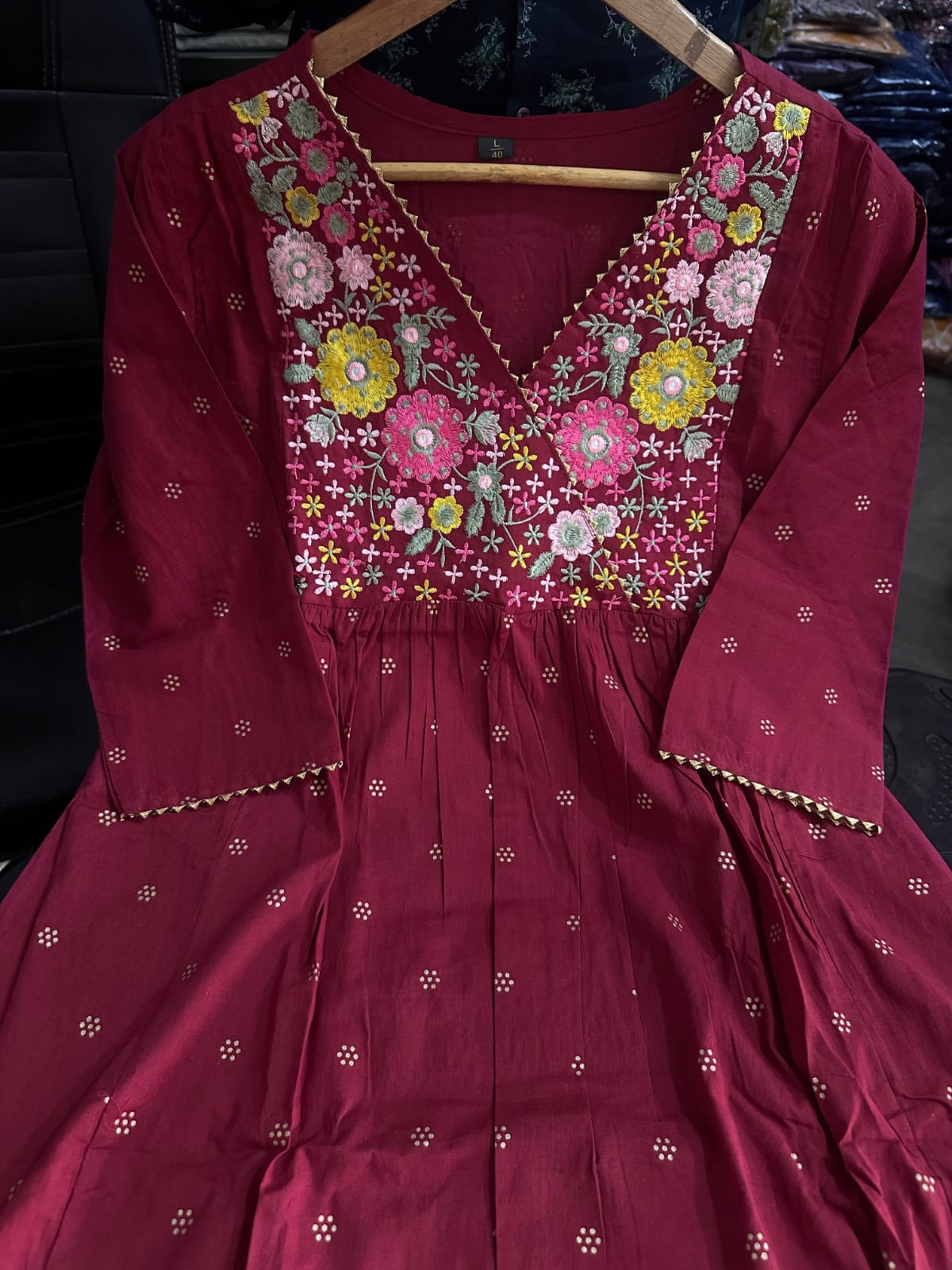 Maroon Cotton A-Line Kurti with Floral Embroidery & Matching Pants.