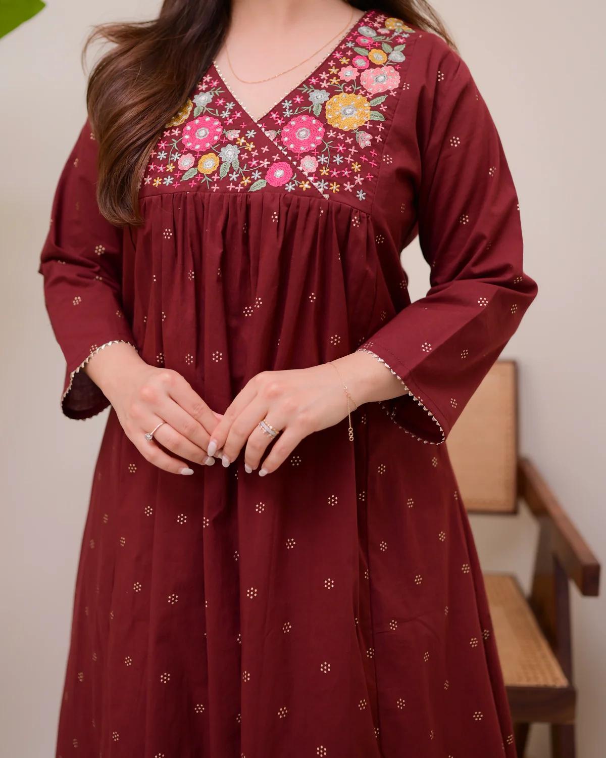 Maroon Cotton A-Line Kurti with Floral Embroidery & Matching Pants.