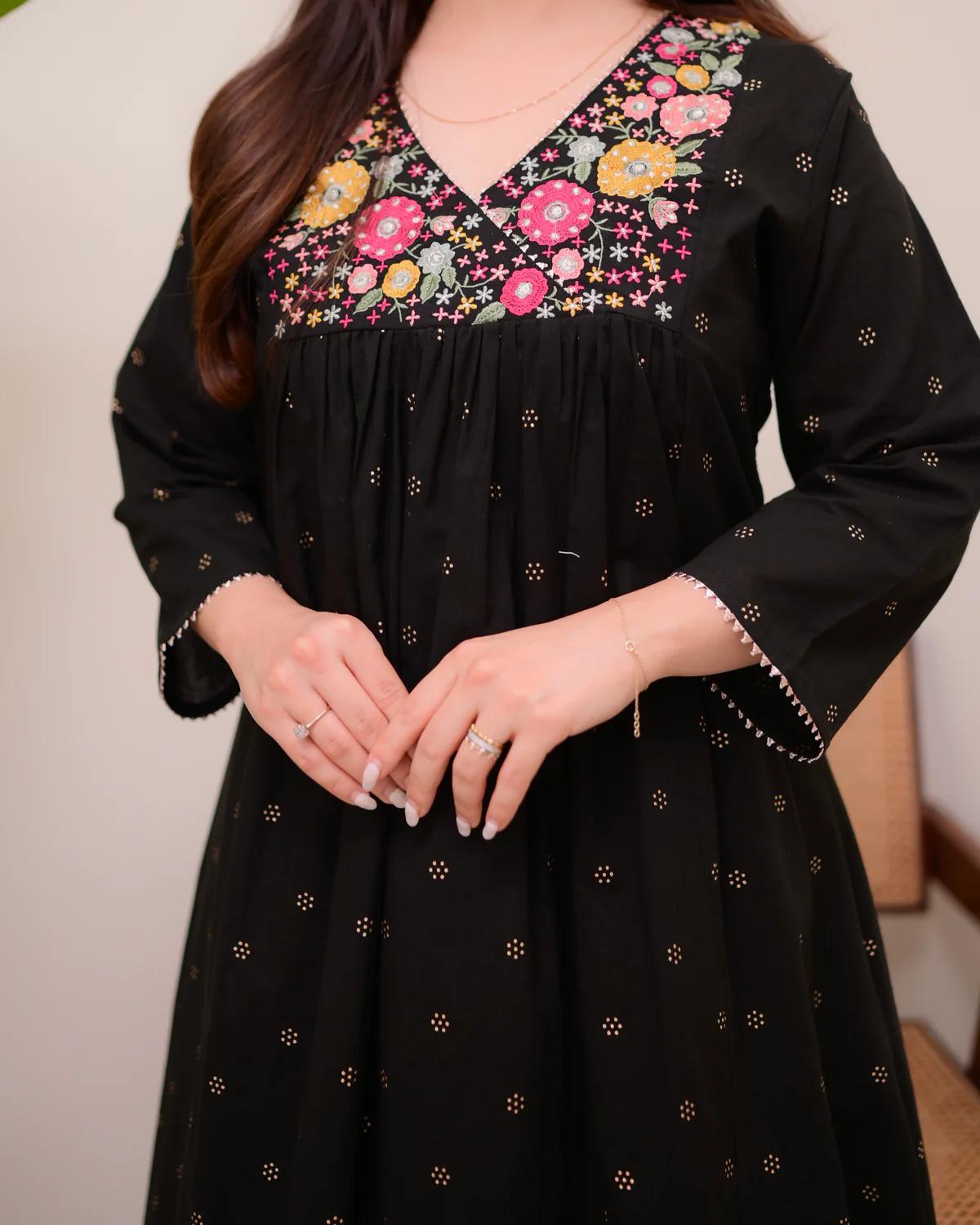 Maroon Cotton A-Line Kurti with Floral Embroidery & Matching Pants.