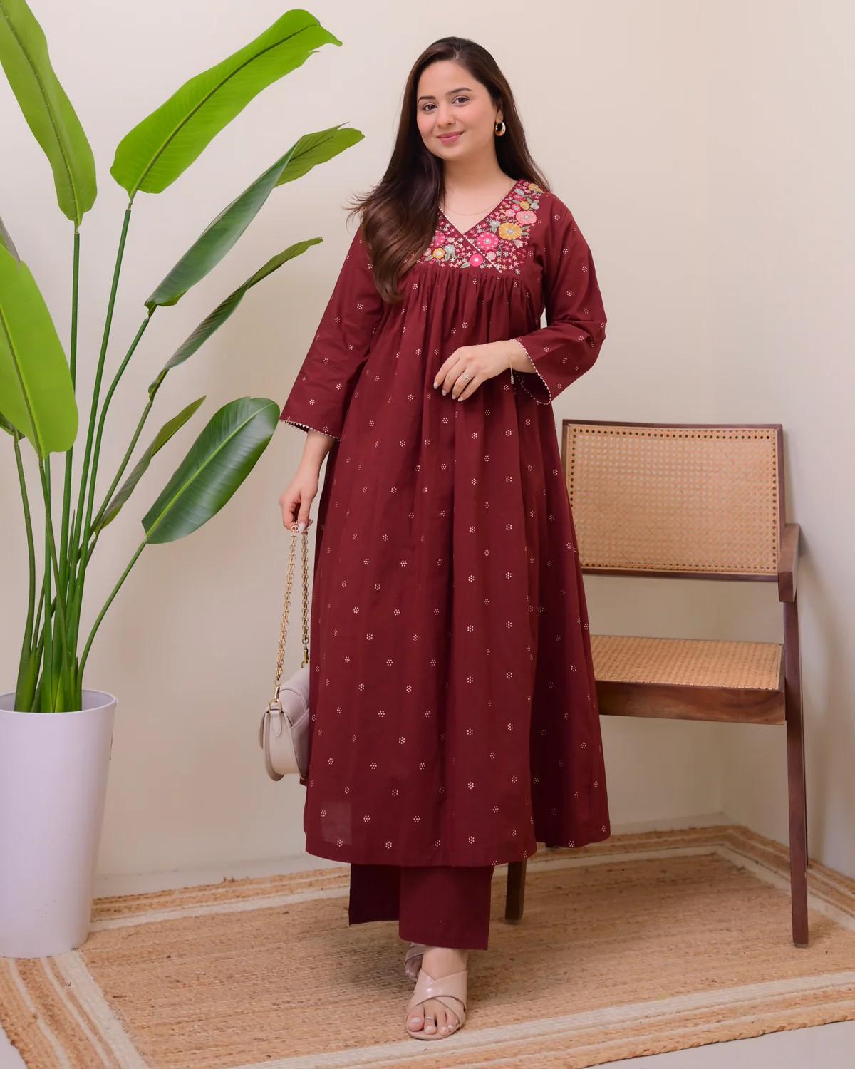 Maroon Cotton A-Line Kurti with Floral Embroidery & Matching Pants.