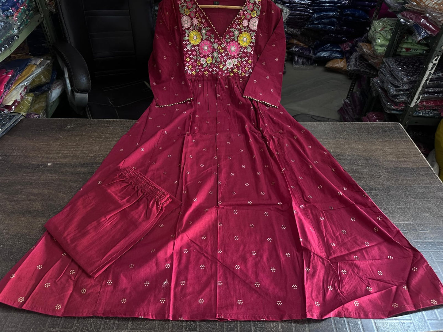 Maroon Cotton A-Line Kurti with Floral Embroidery & Matching Pants.