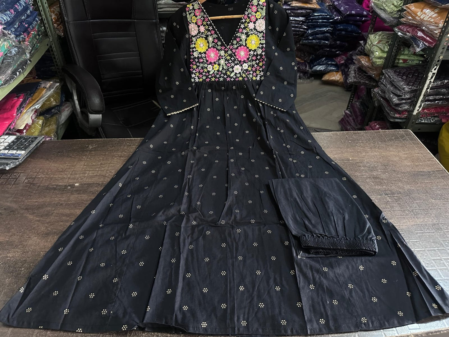 Maroon Cotton A-Line Kurti with Floral Embroidery & Matching Pants.