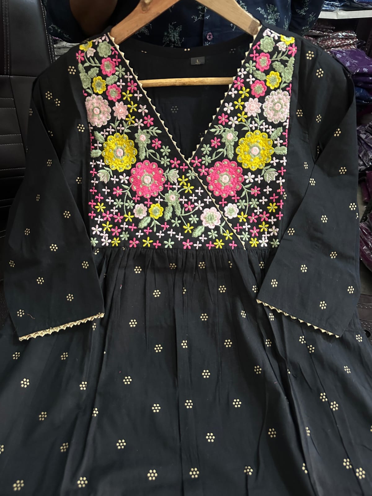 Maroon Cotton A-Line Kurti with Floral Embroidery & Matching Pants.