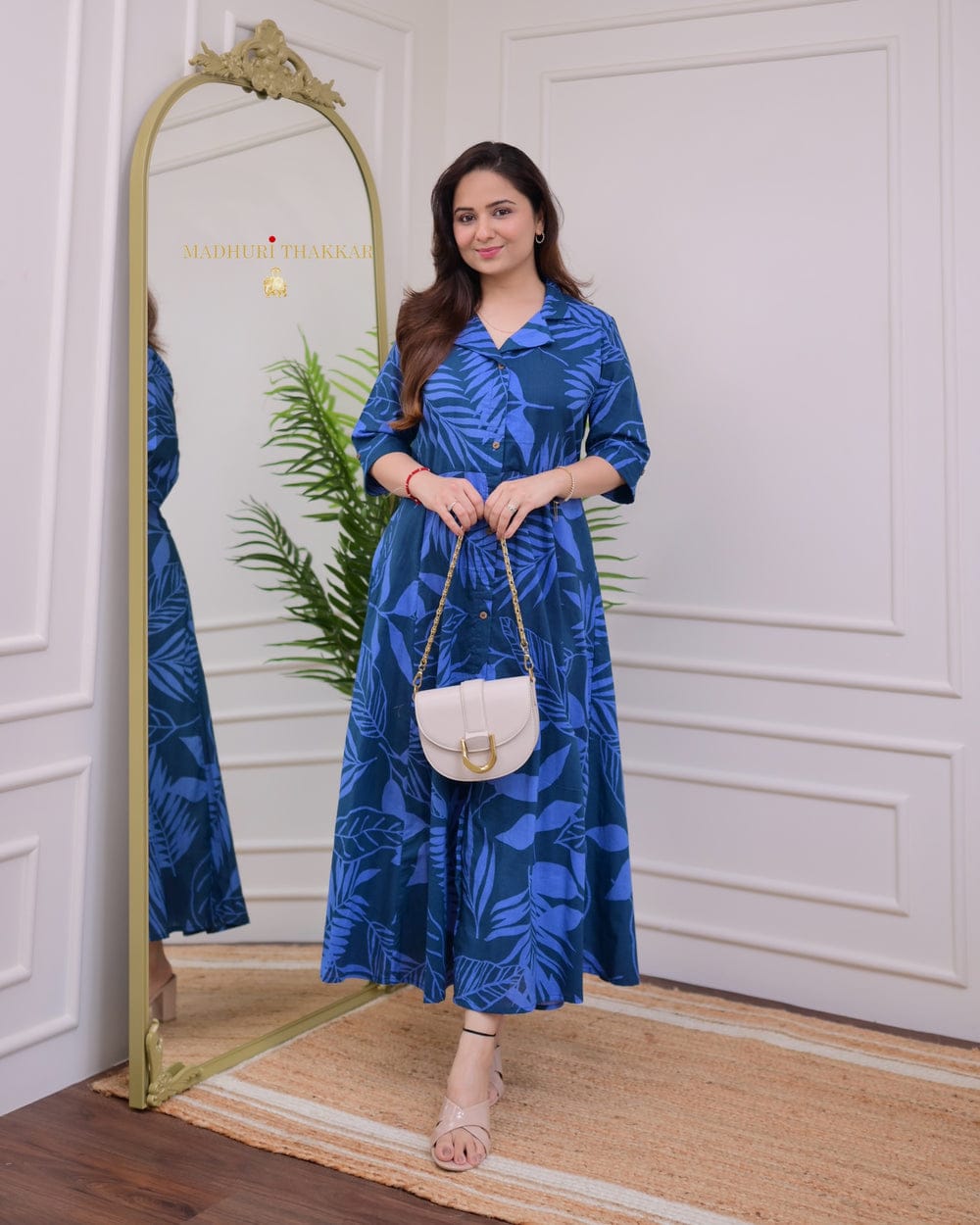 Royal Blue Cotton A-Line Kurti with Tropical Leaf Print.