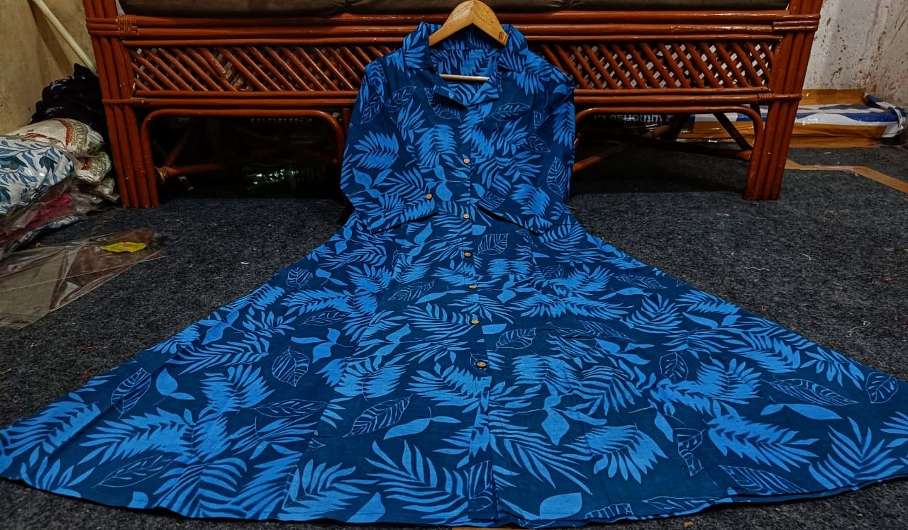Royal Blue Cotton A-Line Kurti with Tropical Leaf Print.