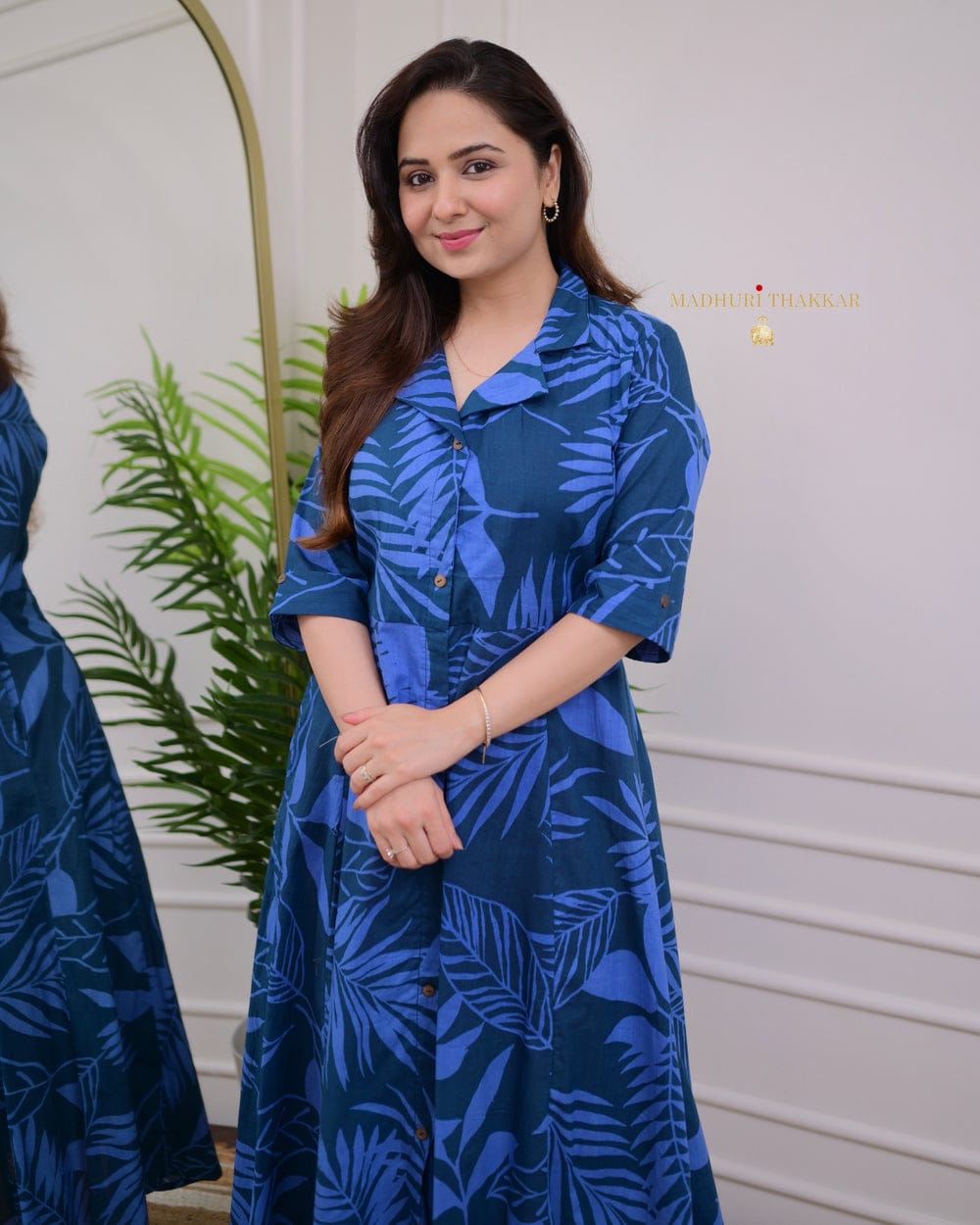 Royal Blue Cotton A-Line Kurti with Tropical Leaf Print.