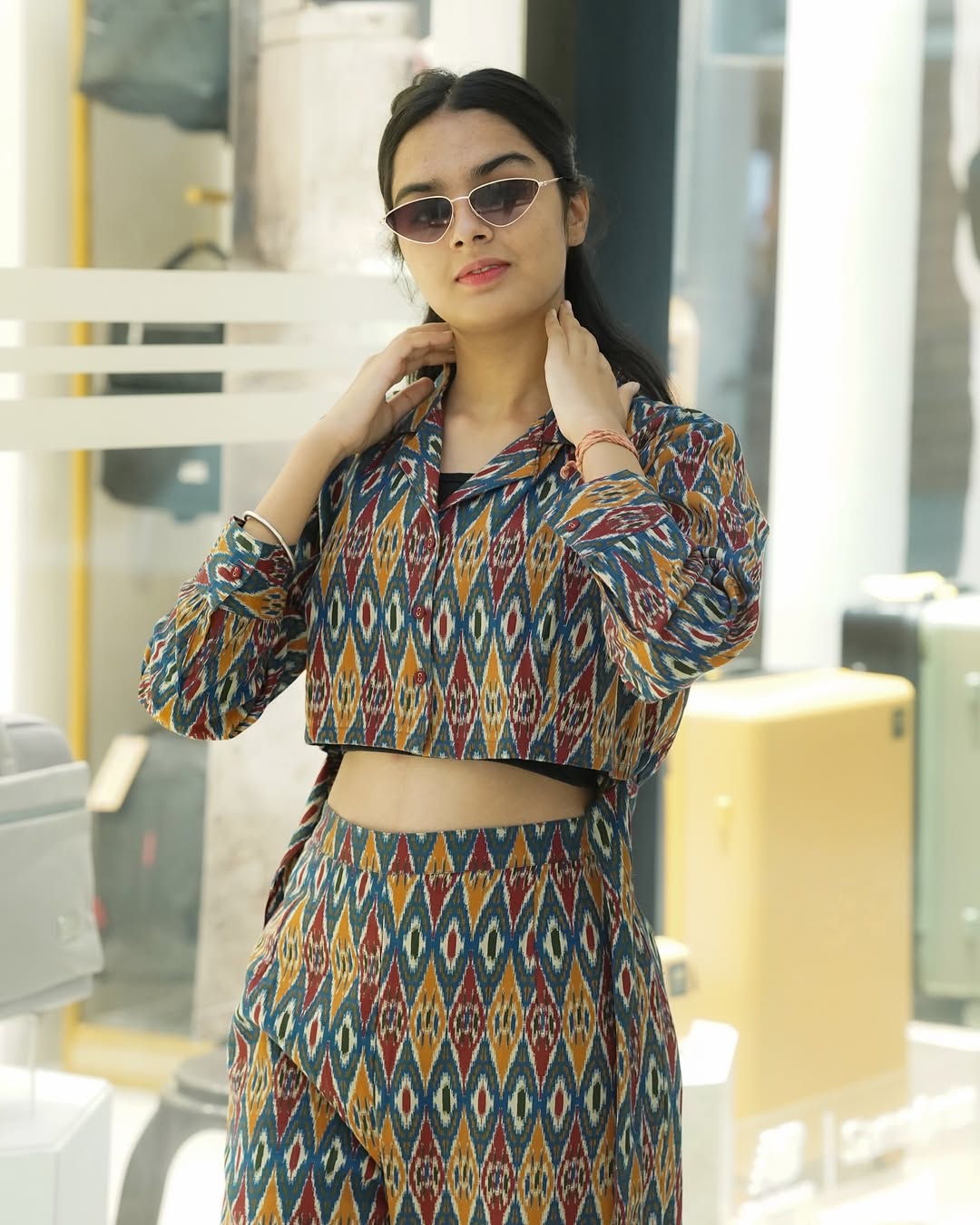 Ikat-Inspired Printed Co-Ord Set in Teal, Mustard, Rust & Maroon.