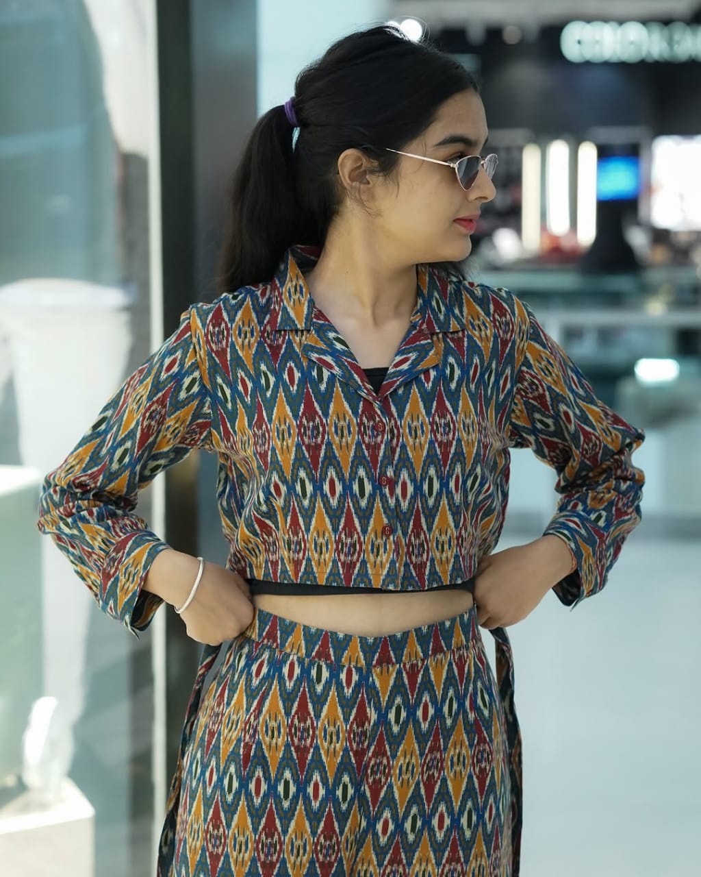Ikat-Inspired Printed Co-Ord Set in Teal, Mustard, Rust & Maroon.