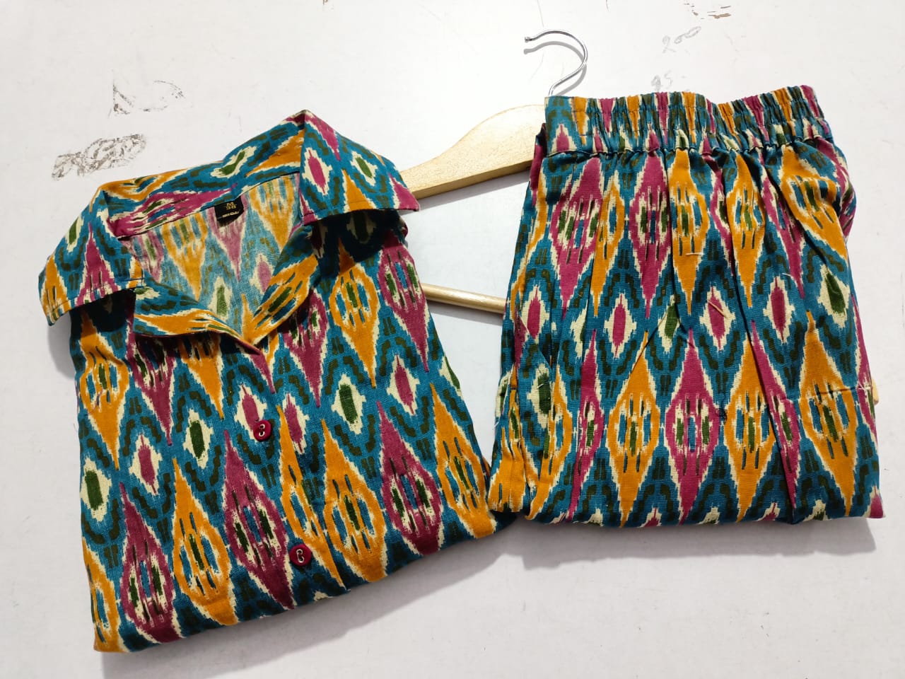 Ikat-Inspired Printed Co-Ord Set in Teal, Mustard, Rust & Maroon.