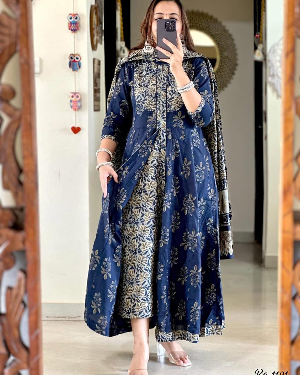 Royal Blue Cotton Kurti Set with Floral Prints & Coordinated Dupatta.