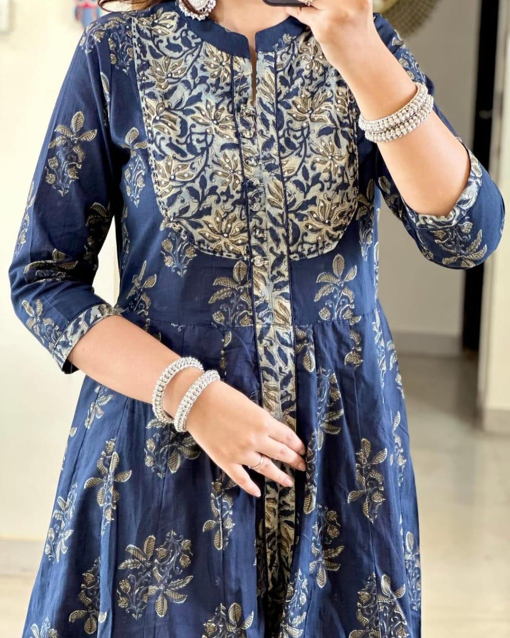 Royal Blue Cotton Kurti Set with Floral Prints & Coordinated Dupatta.