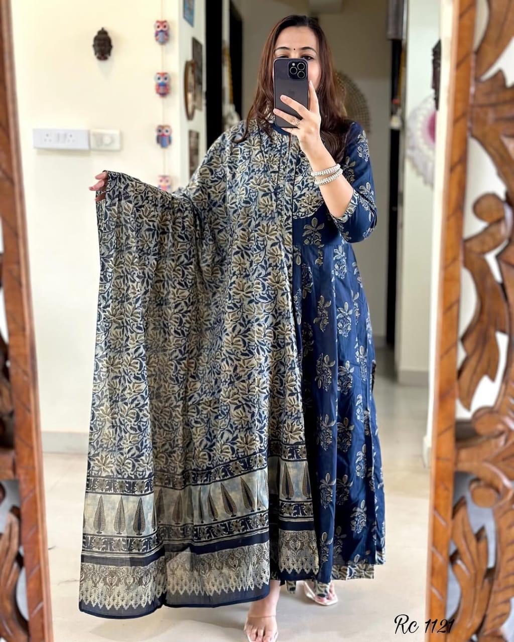 Royal Blue Cotton Kurti Set with Floral Prints & Coordinated Dupatta.