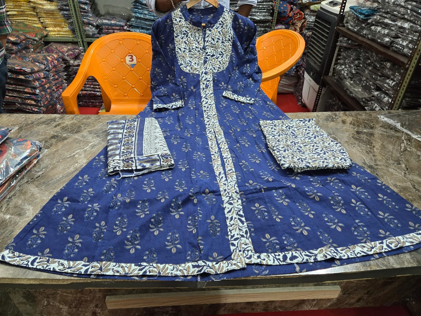 Royal Blue Cotton Kurti Set with Floral Prints & Coordinated Dupatta.