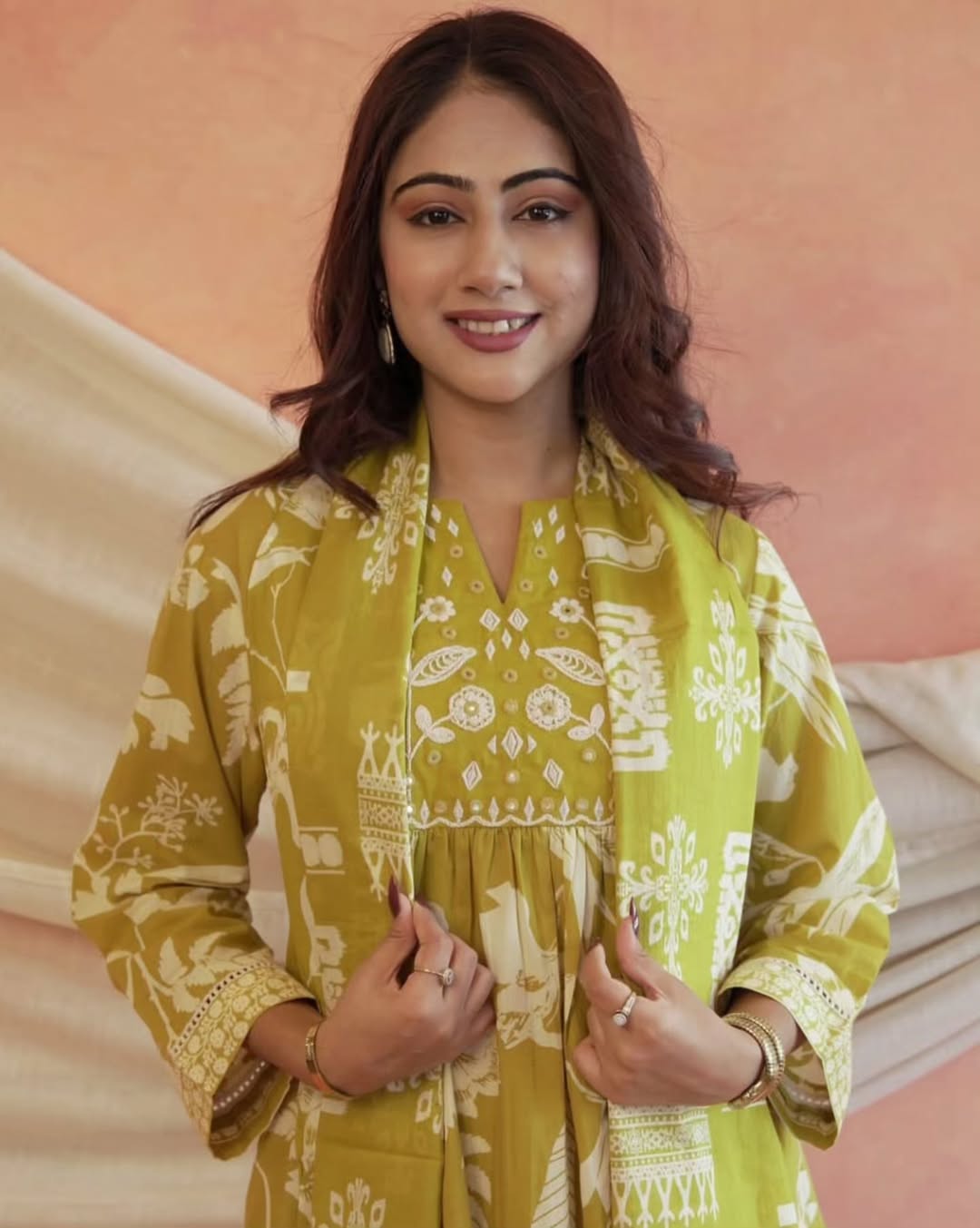 Pink or Yellow Floral Kurti Set with Embroidered Yoke & Dupatta.