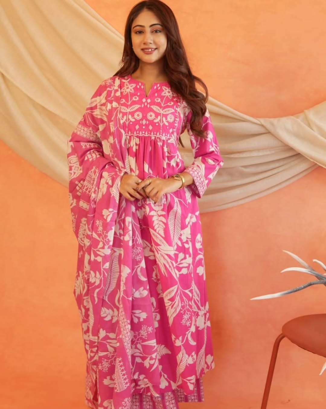 Pink or Yellow Floral Kurti Set with Embroidered Yoke & Dupatta.