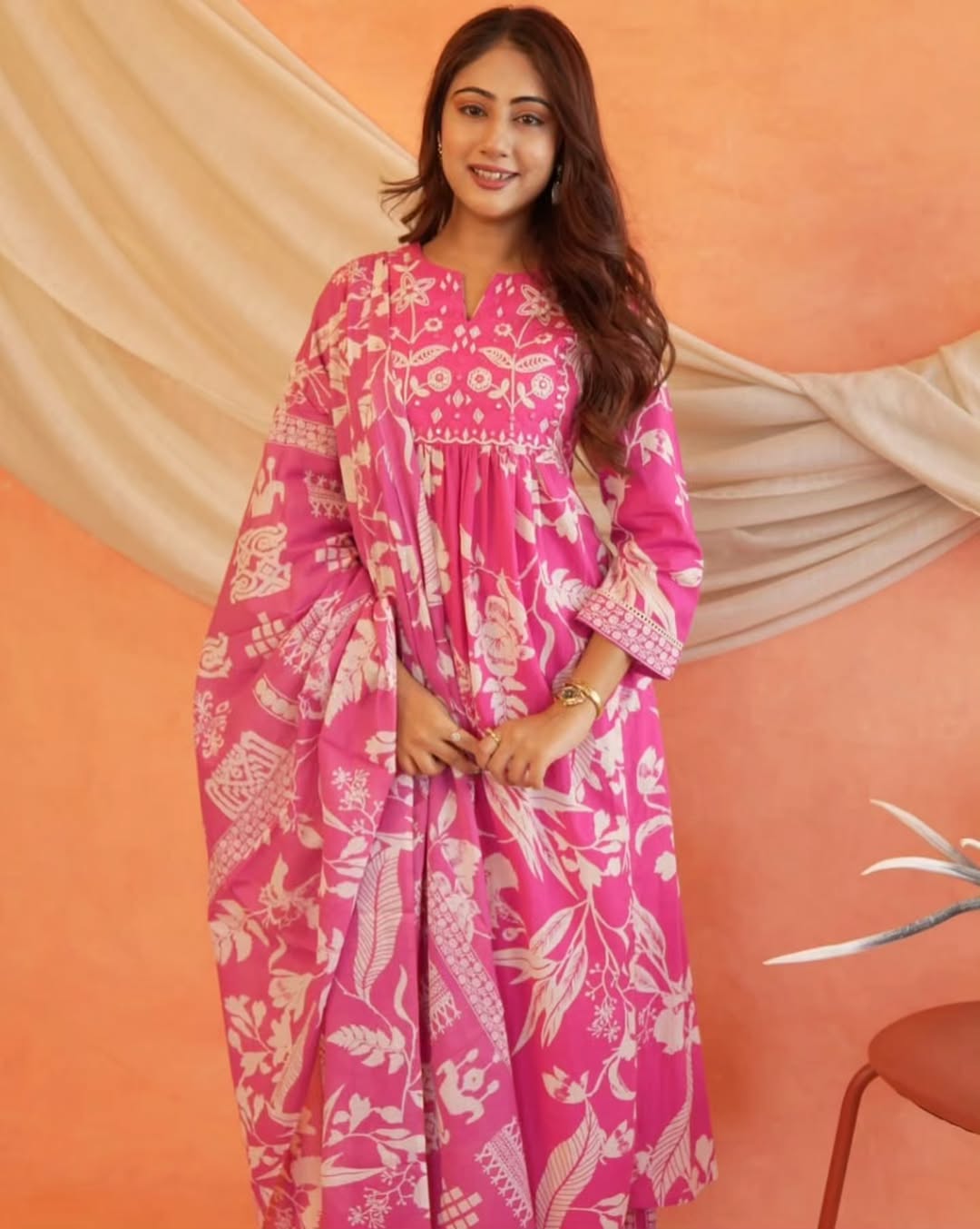 Pink or Yellow Floral Kurti Set with Embroidered Yoke & Dupatta.