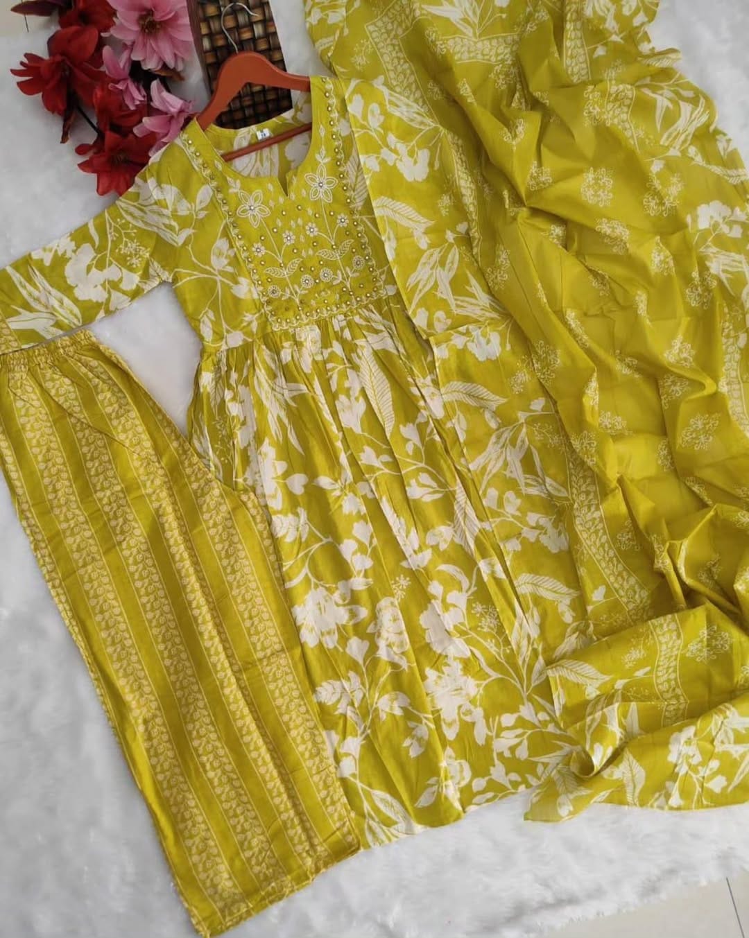 Pink or Yellow Floral Kurti Set with Embroidered Yoke & Dupatta.