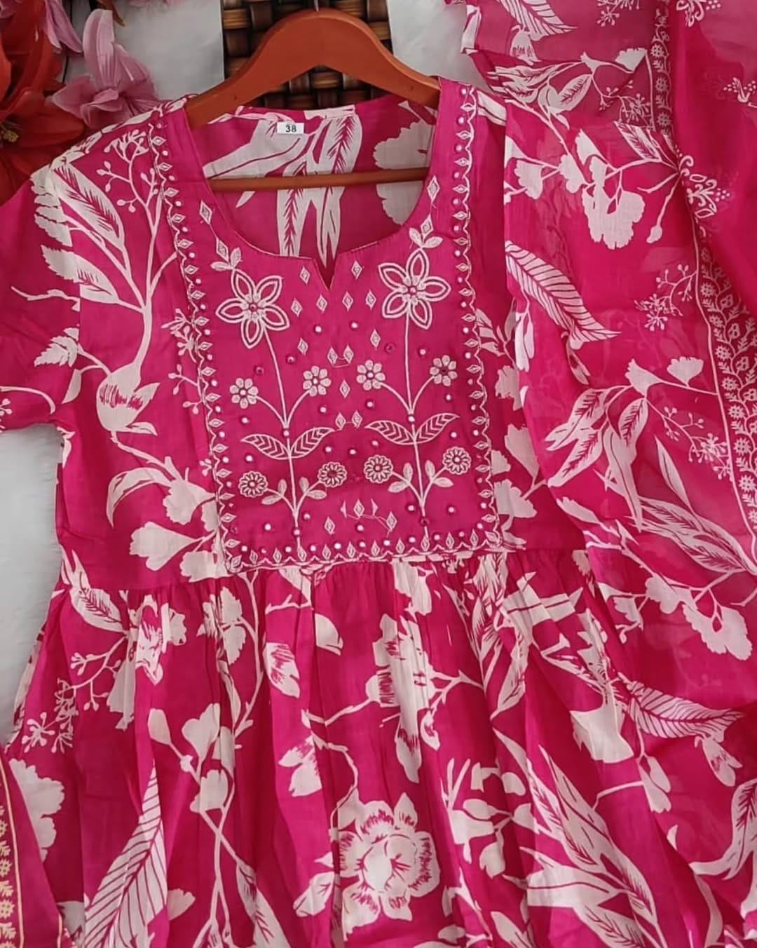Pink or Yellow Floral Kurti Set with Embroidered Yoke & Dupatta.