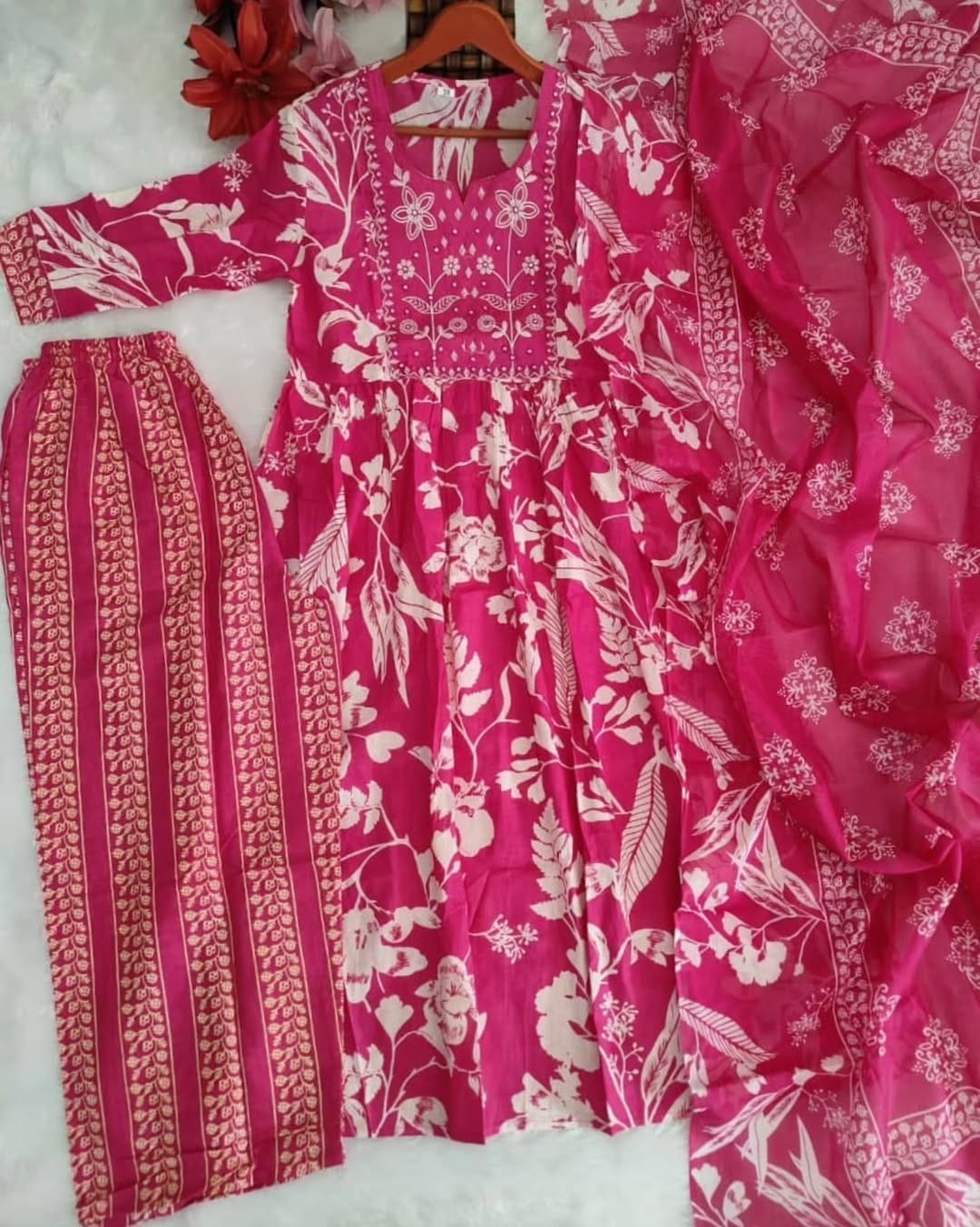 Pink or Yellow Floral Kurti Set with Embroidered Yoke & Dupatta.